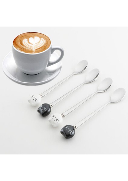 Beyaz Kedi Çatal Stili Sevimli Karikatür Kedi Çatal Paslanmaz Çelik Uzun Karıştırma Kaşığı Meyve Çatalı Paslanmaz Çelik Kaşık Seramik Sap Meyve Araçları (Yurt Dışından) fırsatları