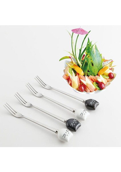 Beyaz Kedi Çatal Stili Sevimli Karikatür Kedi Çatal Paslanmaz Çelik Uzun Karıştırma Kaşığı Meyve Çatalı Paslanmaz Çelik Kaşık Seramik Sap Meyve Araçları (Yurt Dışından) indirimleri