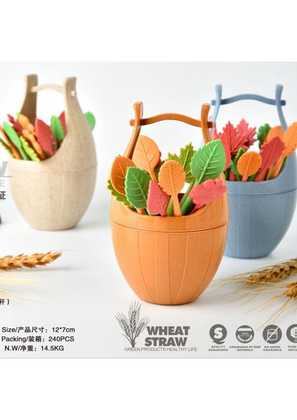 Mavi Stil Biyoayrışık Meyve Çatalı Kova Yaprak Şekilli Atıştırmalık Çatal Salata Sebze Mangal Çocuklar Bento Aksesuarları (Yurt Dışından) modelleri