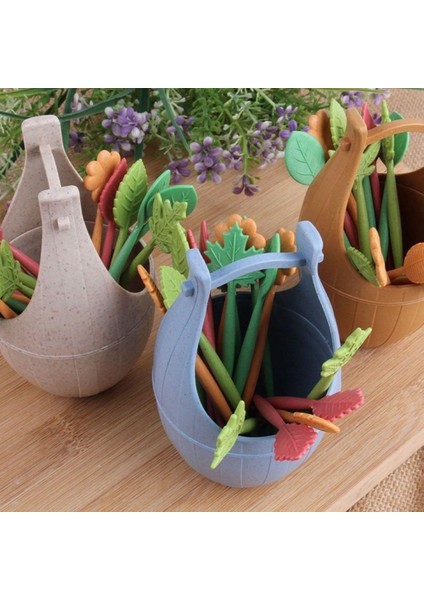 Krem Renkli Stil Biyoayrışımlı Meyve Çatalı Seti Buğday Samanı Yapraklar Çöl Çatalı Salata Sebze Bbq Parti Kokteyl Çatalı Çöp Iğneleri Masa Dekoru (Yurt Dışından)
