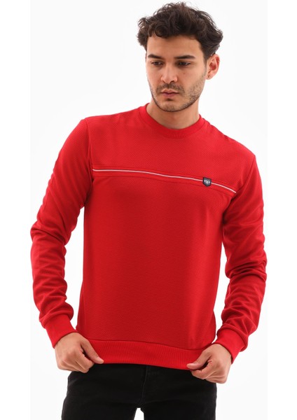 Erkek Kırmızı Renk Mare Jaker Kumaş Bisiklet Yaka Uzun Kol Gögüste Şerit Nakış Sweatshirt - 7657