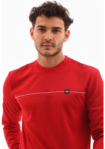 Erkek Kırmızı Renk Mare Jaker Kumaş Bisiklet Yaka Uzun Kol Gögüste Şerit Nakış Sweatshirt - 7657
