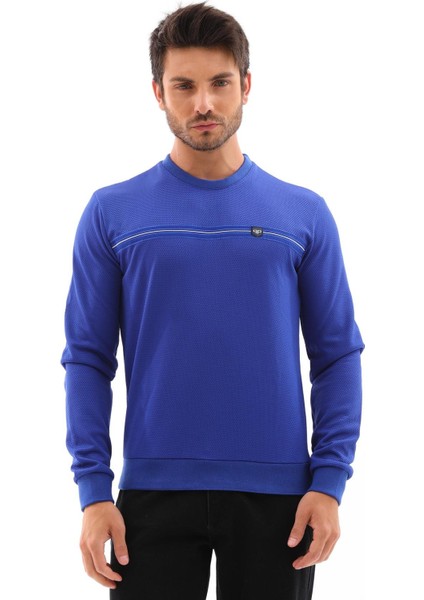 Erkek Saks Renk Mare Jaker Kumaş Bisiklet Yaka Uzun Kol Gögüste Şerit Nakış Sweatshirt - 7657