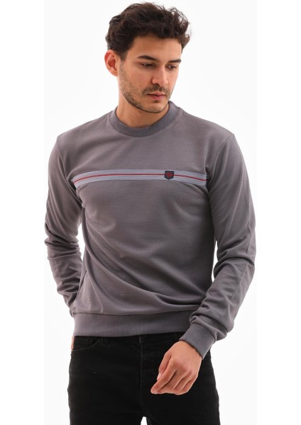 Erkek Koyu Gri Renk Mare Jaker Kumaş Bisiklet Yaka Uzun Kol Gögüste Şerit Nakış Sweatshirt - 7657