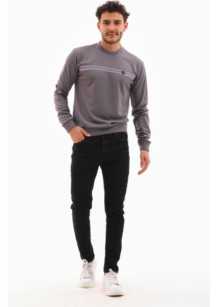 Erkek Koyu Gri Renk Mare Jaker Kumaş Bisiklet Yaka Uzun Kol Gögüste Şerit Nakış Sweatshirt - 7657 fiyatları