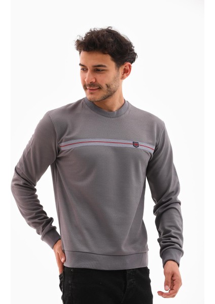 Erkek Koyu Gri Renk Mare Jaker Kumaş Bisiklet Yaka Uzun Kol Gögüste Şerit Nakış Sweatshirt - 7657 fırsatları