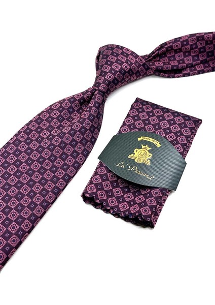 Fuşya Motif Desen Mendilli Klasik Kravat KK12603
