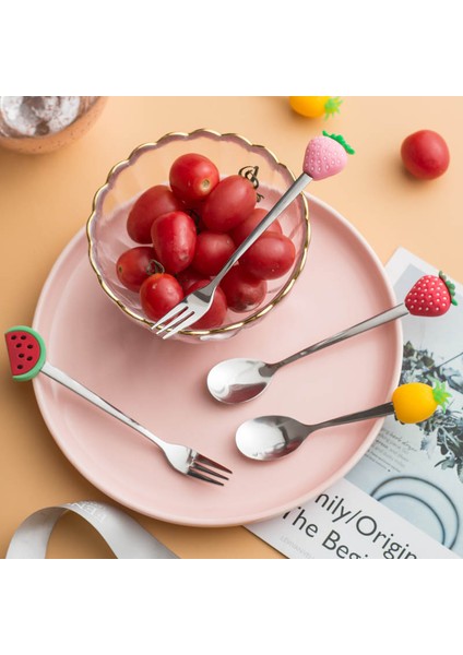 No.2 Tarzı Sevimli Paslanmaz Çelik Meyve Çatalı Kahve Kaşığı Renkli Meyve Desenli Karıştırma Kaşığı Çocuk Çocuk Silikon Saplı Tatlı Kaşığı Akşam Yemeği (Yurt Dışından) modelleri