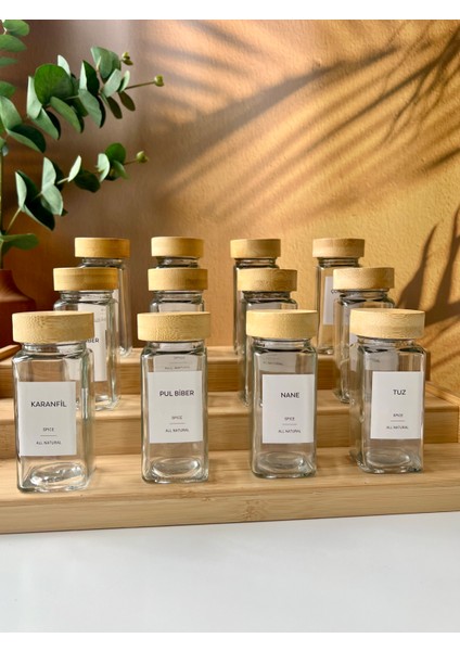 Merdiven Stantlı 12LI Cam Bambu Kapaklı Kare Baharatlık Seti (16 Adet Etiket) fiyatları