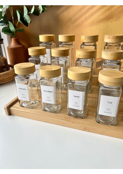 Merdiven Stantlı 12LI Cam Bambu Kapaklı Kare Baharatlık Seti (16 Adet Etiket) fırsatları