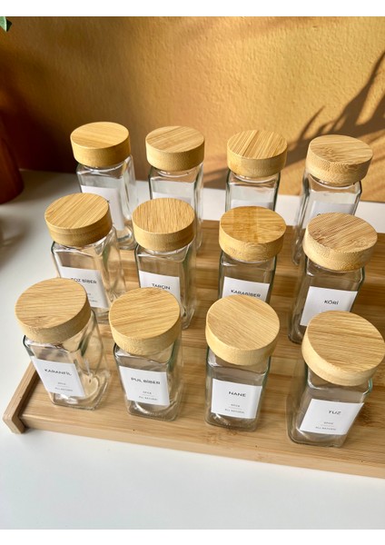 Merdiven Stantlı 12LI Cam Bambu Kapaklı Kare Baharatlık Seti (16 Adet Etiket) indirimleri