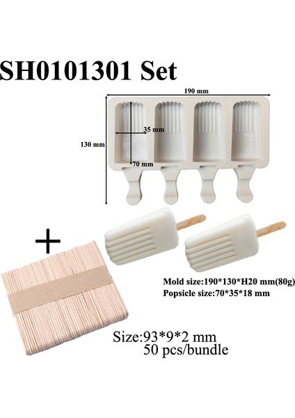 SH01101301 Set Stili Meibum 4 Boşluklu Meyve Suyu Küpü Tepsi Dondurma Kalıpları Yaz Silikon Dondurma Kalıpları ve 50 Ahşap Çubuk Mutfak Tatlı Araçları (Yurt Dışından)