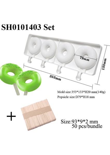 SH0101403 Set Stili 6 Çeşit Yaz Dondurma Kalıpları Donut Silikonlu Buzlu Meyve Suyu Jöle Araçları Dondurma Küpü Tepsisi 50 Ahşap Çubuklu (Yurt Dışından)