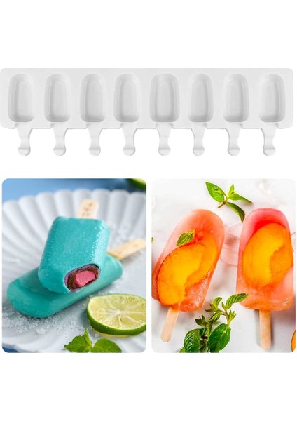Beyaz Stil 8 Kavite Silikon Dondurma Kalıbı Küçük Oval Şekil Ev Yapımı Dondurma Çubuğu Kalıpları Tatlı Dondurma Lolipop Yapıcı Yeniden Kullanılabilir Araçlar (Yurt Dışından) fiyatları