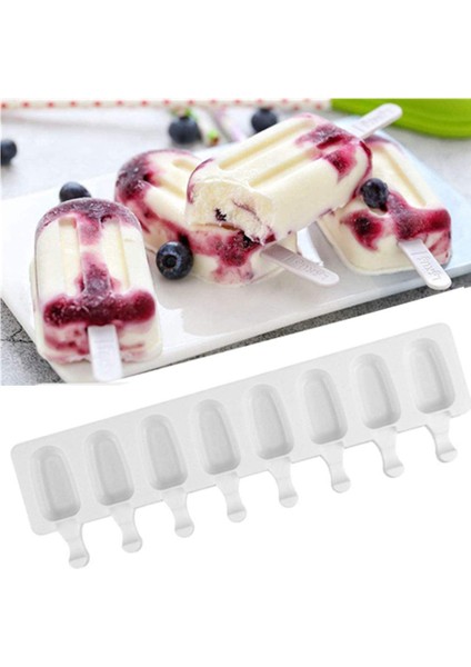 Beyaz Stil 8 Kavite Silikon Dondurma Kalıbı Küçük Oval Şekil Ev Yapımı Dondurma Çubuğu Kalıpları Tatlı Dondurma Lolipop Yapıcı Yeniden Kullanılabilir Araçlar (Yurt Dışından) fırsatları