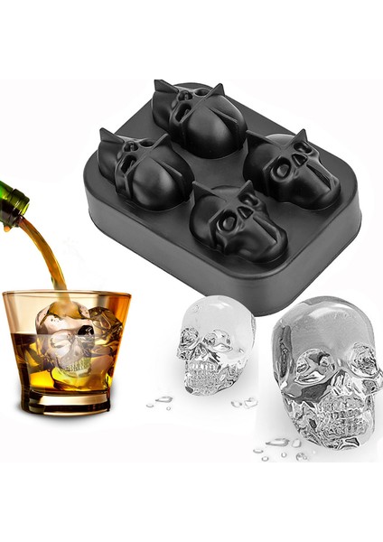Siyah Stil 3D Kafatası Silikon Kalıp 4 Bölme Buz Kalıbı - Mutfak Aracı (Yurt Dışından)