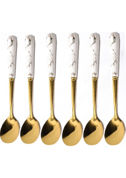 6 Adet Kahve Kaşığı Tarzı Altın Sofrada Damgalı Seramik Çatal Bıçak Takımı Saklama Kabı Paslanmaz Çelik Kaşık ve Çatal Seti Ayna Kahve Çatalı Yemek Takımı (Yurt Dışından)