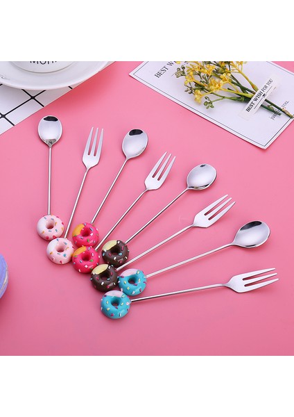 Çörek Kahverengi F6 Stili Mini Donut Sevimli Paslanmaz Çelik Hamur Tatlı Kaşık Çatal Kahve Dondurma Yemek Takımı Cezbe Şeker Mutfak Takımı Bebek Çocuklar (Yurt Dışından) modelleri