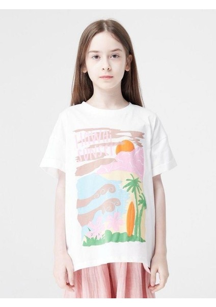 Kız Çocuk Pamuklu Hawai Baskılı Yuvarlak Yaka Yarım Kol Tshirt