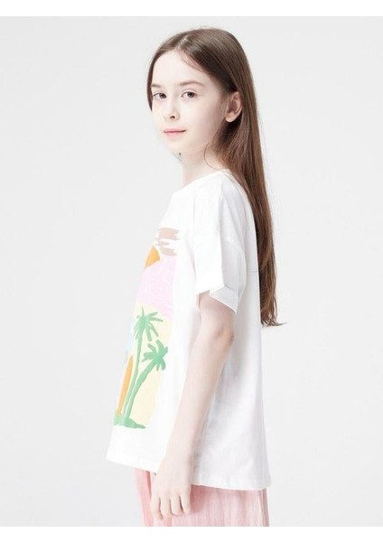 Kız Çocuk Pamuklu Hawai Baskılı Yuvarlak Yaka Yarım Kol Tshirt modelleri