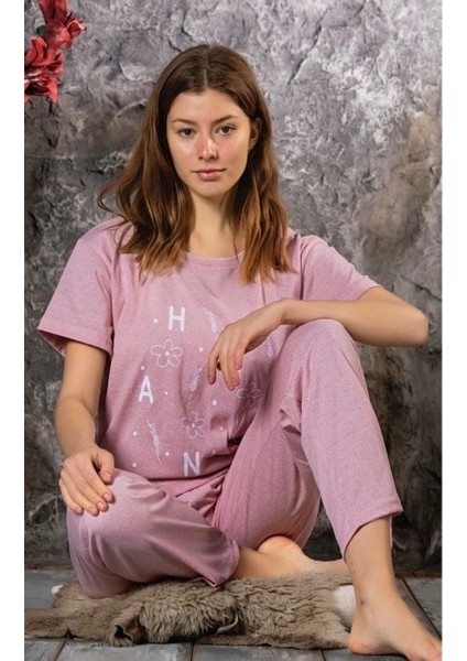 Kadın Kısa Kol Yazılı Pamuk Pijama Takımı