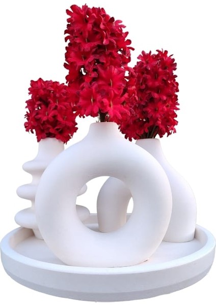 Yuvarlak Tepsili Vazo Seti - Dekoratif Ev Aksesuar Seti - Minimal Vazo Seti