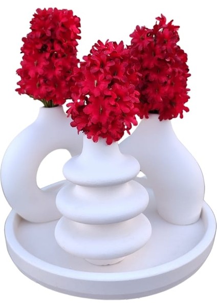 Yuvarlak Tepsili Vazo Seti - Dekoratif Ev Aksesuar Seti - Minimal Vazo Seti modelleri