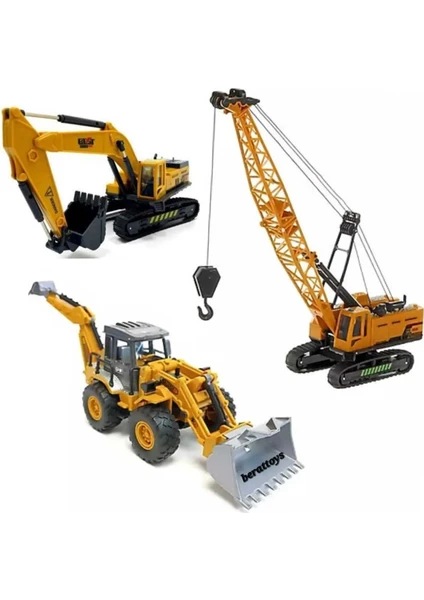 3lü Set Oyuncak Iş Makinaları Vinç Kepçe Dozer Inşaat Set Iş Araçları Kırılmaz Oyuncaklar