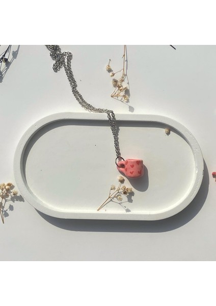 El Yapımı Seramik Kolye "pembe-Kırmızı Kalpli Minik Seramik Kupa Kolye"