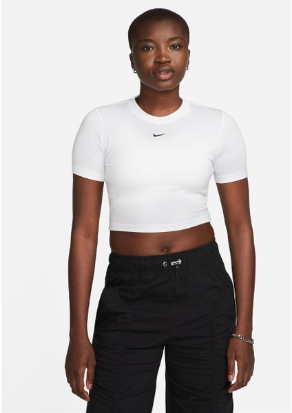 Beyaz Kadın Bisiklet Yaka T-Shirt FB2873-100-W Nsw Essntl Slm Crp Beden: L