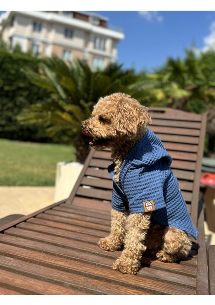 Organik Pamuk Kumaş Köpek Bornozu Mavi