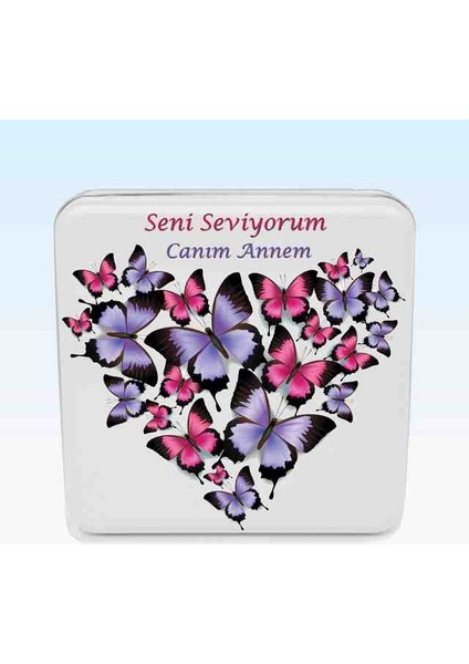 Uv Baskılı Kare Metal Kutu-Pembe Mor Kelebek Desenli Anneler Günü