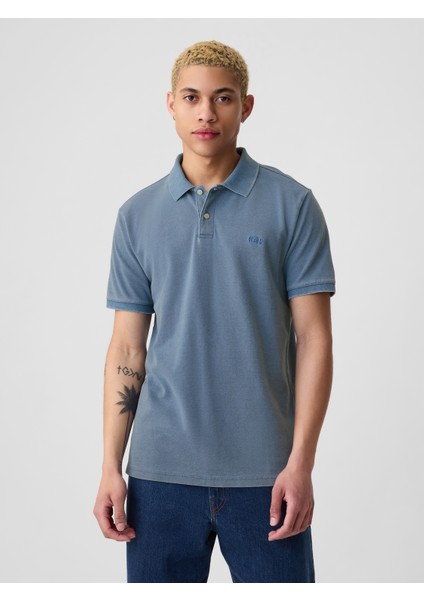 Erkek Açık Mavi Gap Logo Piqué Polo Yaka T-Shirt