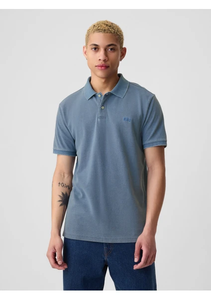 Erkek Açık Mavi Gap Logo Piqué Polo Yaka T-Shirt