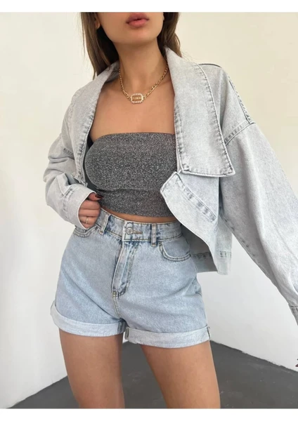 Fav Style Kadın Uzun Kollu Oversize Bolero Kot Ceket