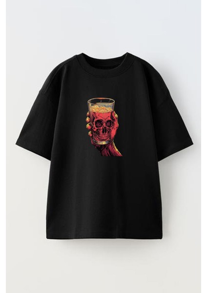 Unisex Siyah Oversize Pamuk Kurukafa Bardak Baskılı Örme T-Shirt