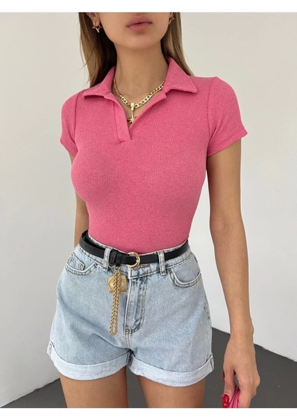 Kadın Polo Yaka Kısa Kollu Kaşkorse Crop Bluz