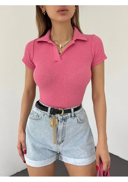 Kadın Polo Yaka Kısa Kollu Kaşkorse Crop Bluz