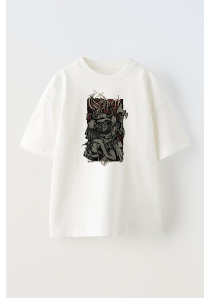 Unisex Beyaz Oversize Pamuk Opeth Baltalı Poster Baskılı Örme T-Shirt