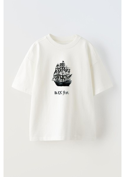 Unisex Beyaz Oversize Pamuk Black Pearl Gemi Baskılı Örme T-Shirt