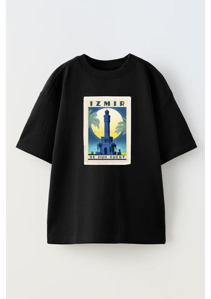 Unisex Siyah Oversize Pamuk Izmir Saat Kulesi Baskılı Örme T-Shirt