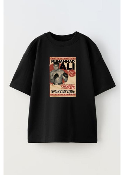 Unisex Siyah Oversize Pamuk Muhammed Ali Dergi Kapağı Baskılı Örme T-Shirt