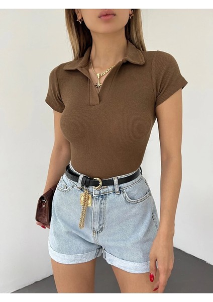 Fav Style Kadın Polo Yaka Kısa Kollu Kaşkorse Crop Bluz