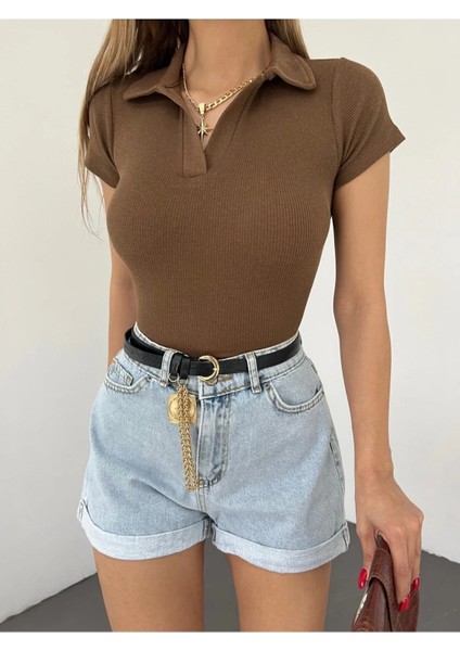 Fav Style Kadın Polo Yaka Kısa Kollu Kaşkorse Crop Bluz