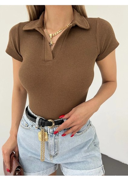 Fav Style Kadın Polo Yaka Kısa Kollu Kaşkorse Crop Bluz