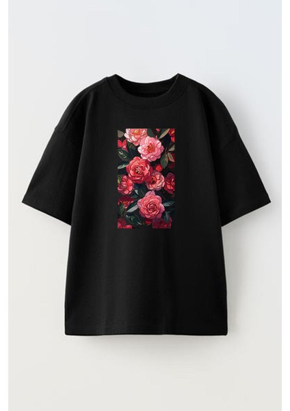 Unisex Siyah Oversize Pamuk Pembe Kırmızı Çiçek Resim Baskılı Örme T-Shirt