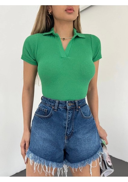 Kadın Polo Yaka Kısa Kollu Kaşkorse Crop Bluz