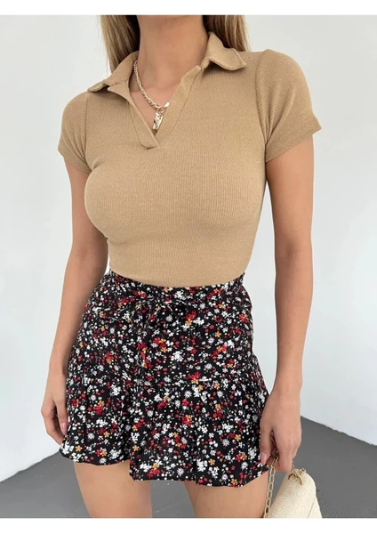 Fav Style Kadın Polo Yaka Kısa Kollu Kaşkorse Crop Bluz