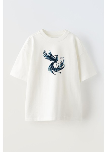 Unisex Beyaz Oversize Pamuk Anka Gölge Baskılı Örme T-Shirt