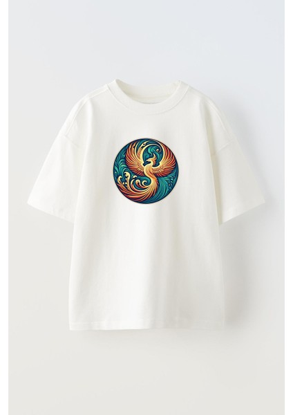 Unisex Beyaz Oversize Pamuk Anka Kuşu Yeşil Sarı Baskılı Örme T-Shirt